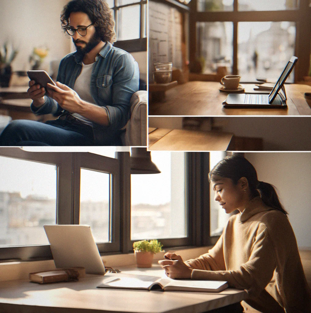 Person learning on mobile device in various settings: commute, coffee shop, evening at home