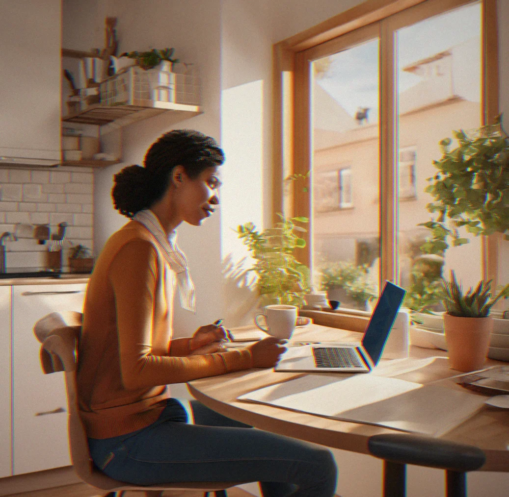 Person sitting at kitchen table with coffee and laptop, watching a lesson before work starts