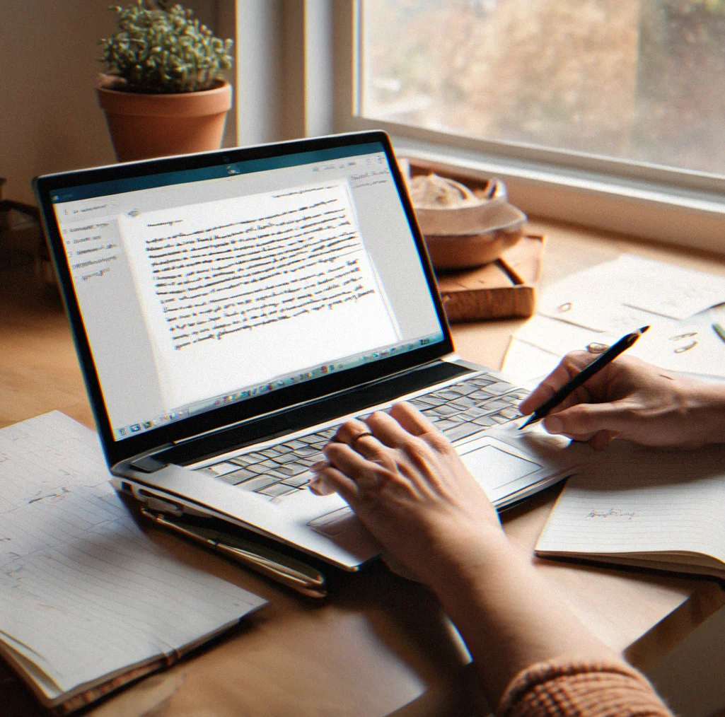 Notebook with handwritten notes next to a laptop displaying a writing clarity lesson