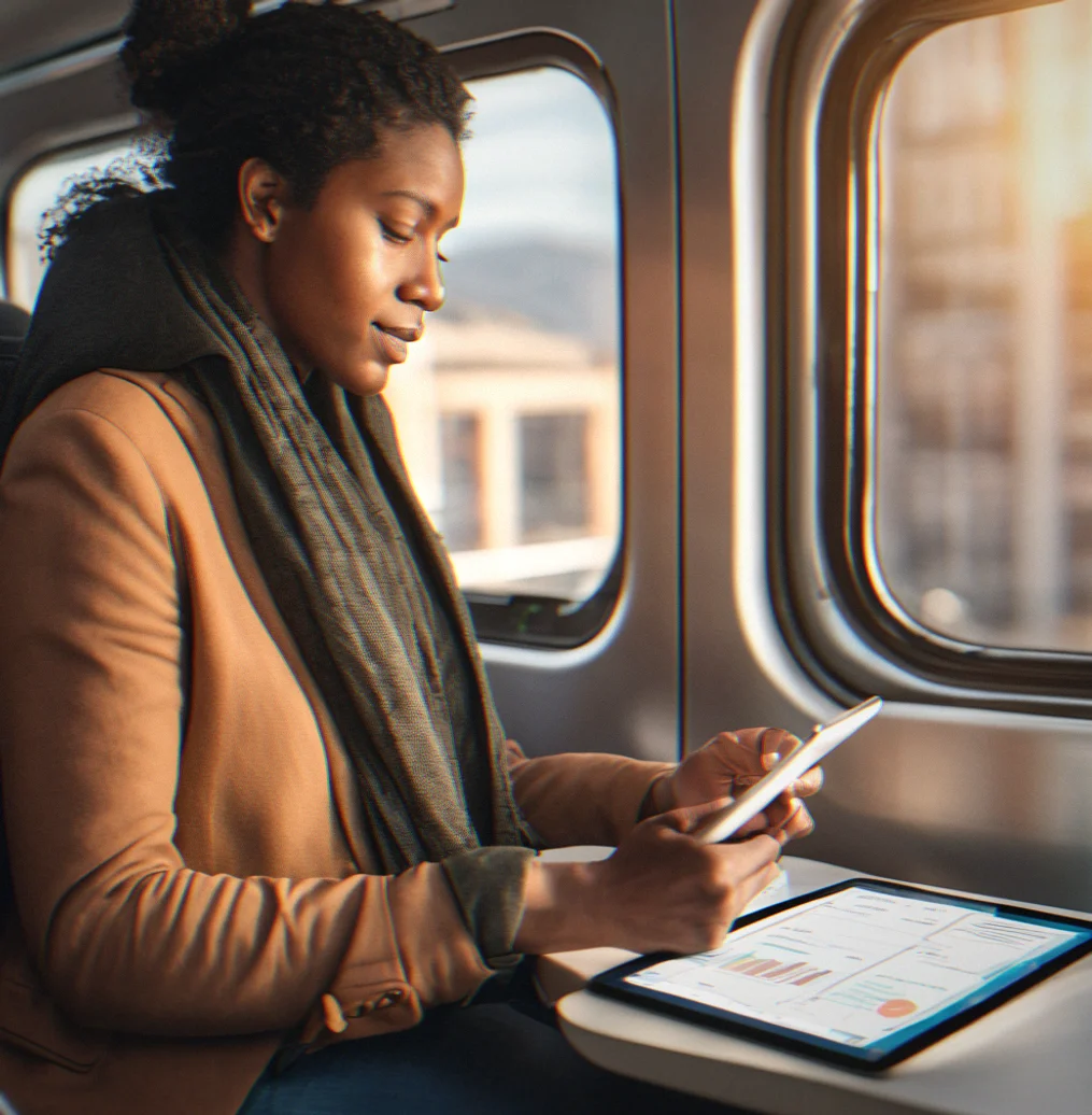 Person on public transit reviewing personal finance module on tablet during commute