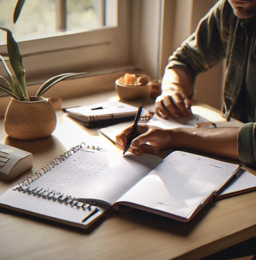 Desktop workspace with open lesson on productivity systems and a calendar planner nearby