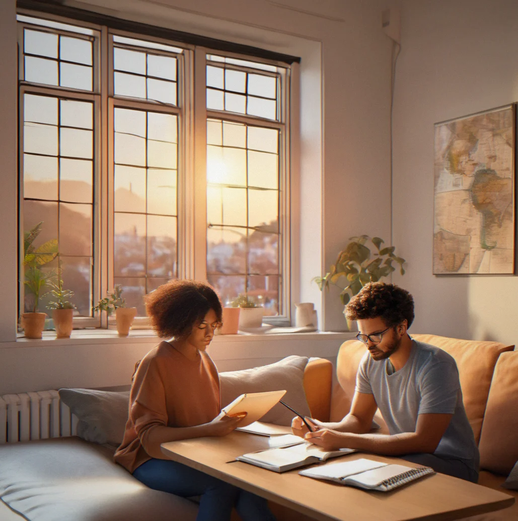 Person sitting on couch in evening light, tablet in hand, reviewing course materials at their own pace