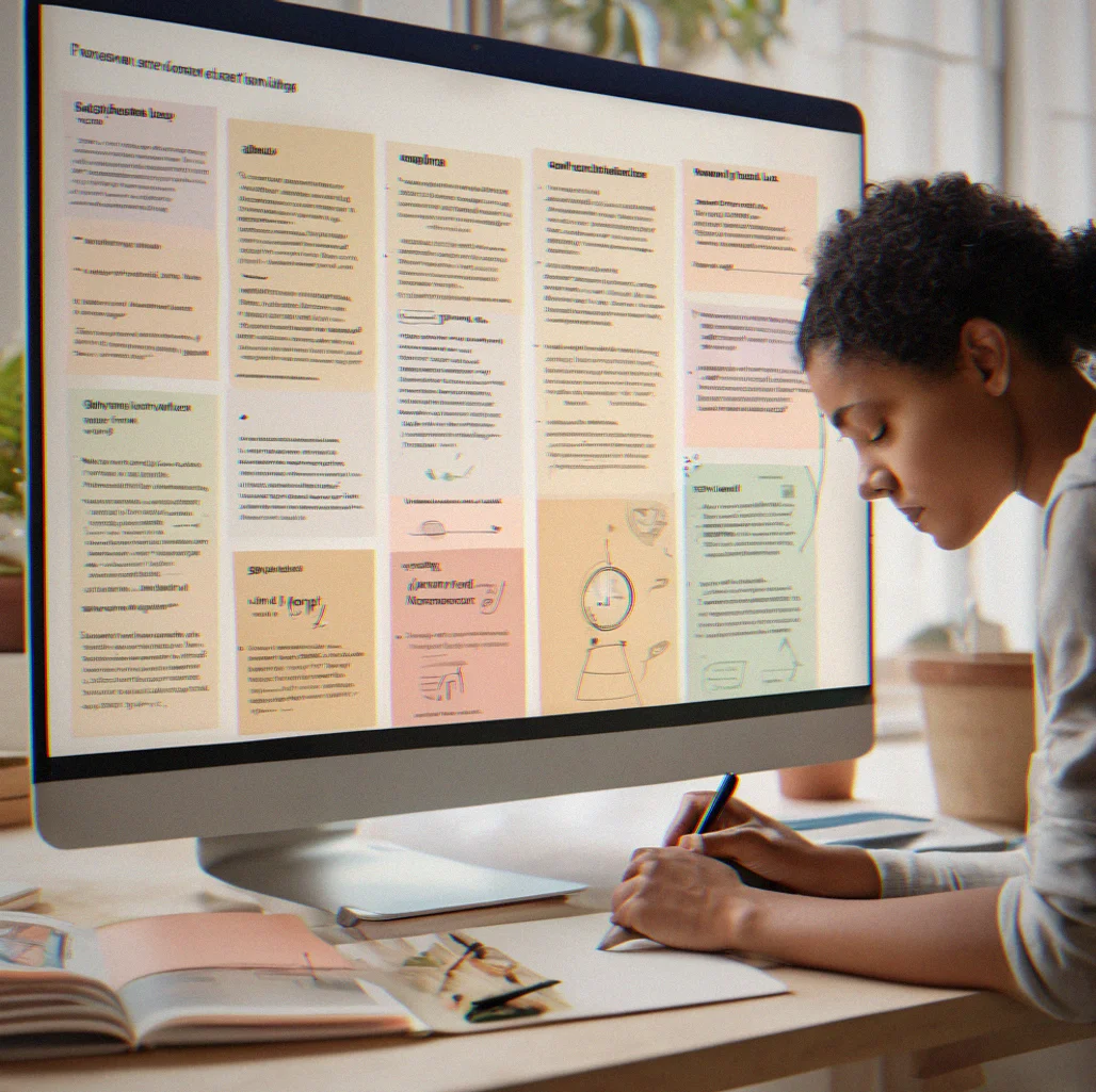 Person at laptop reviewing structured learning material on a calm, organized interface
