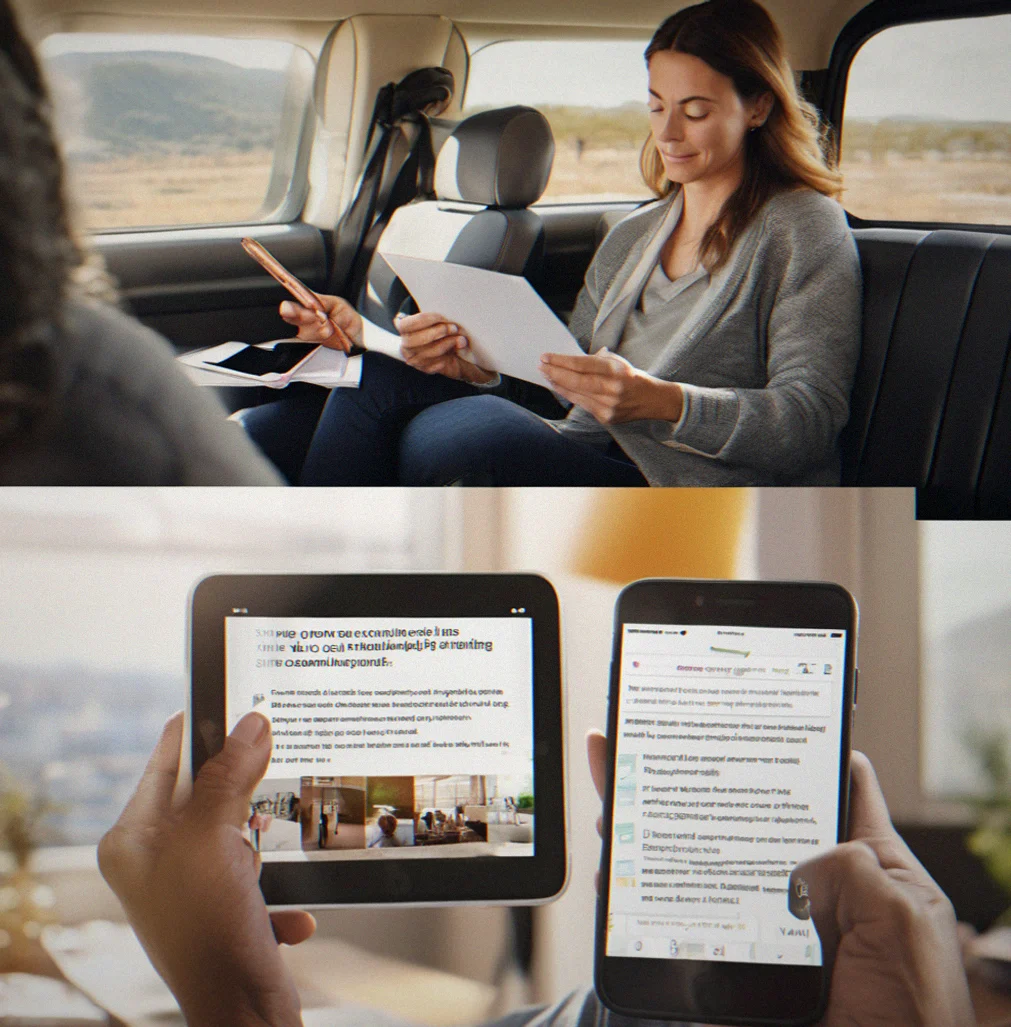 Person reviewing a completed decision framework lesson on mobile device during commute